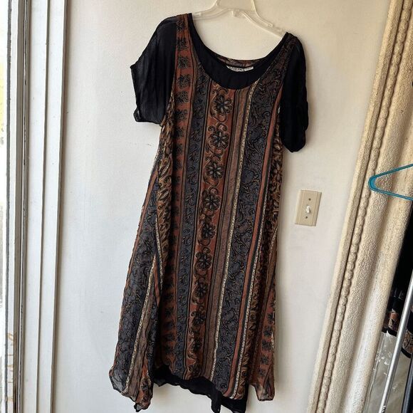Vintage 90s Kloz Lyne India Boho Dress Black Sheer Sleeves Festival Grunge L - Picture 8 of 11